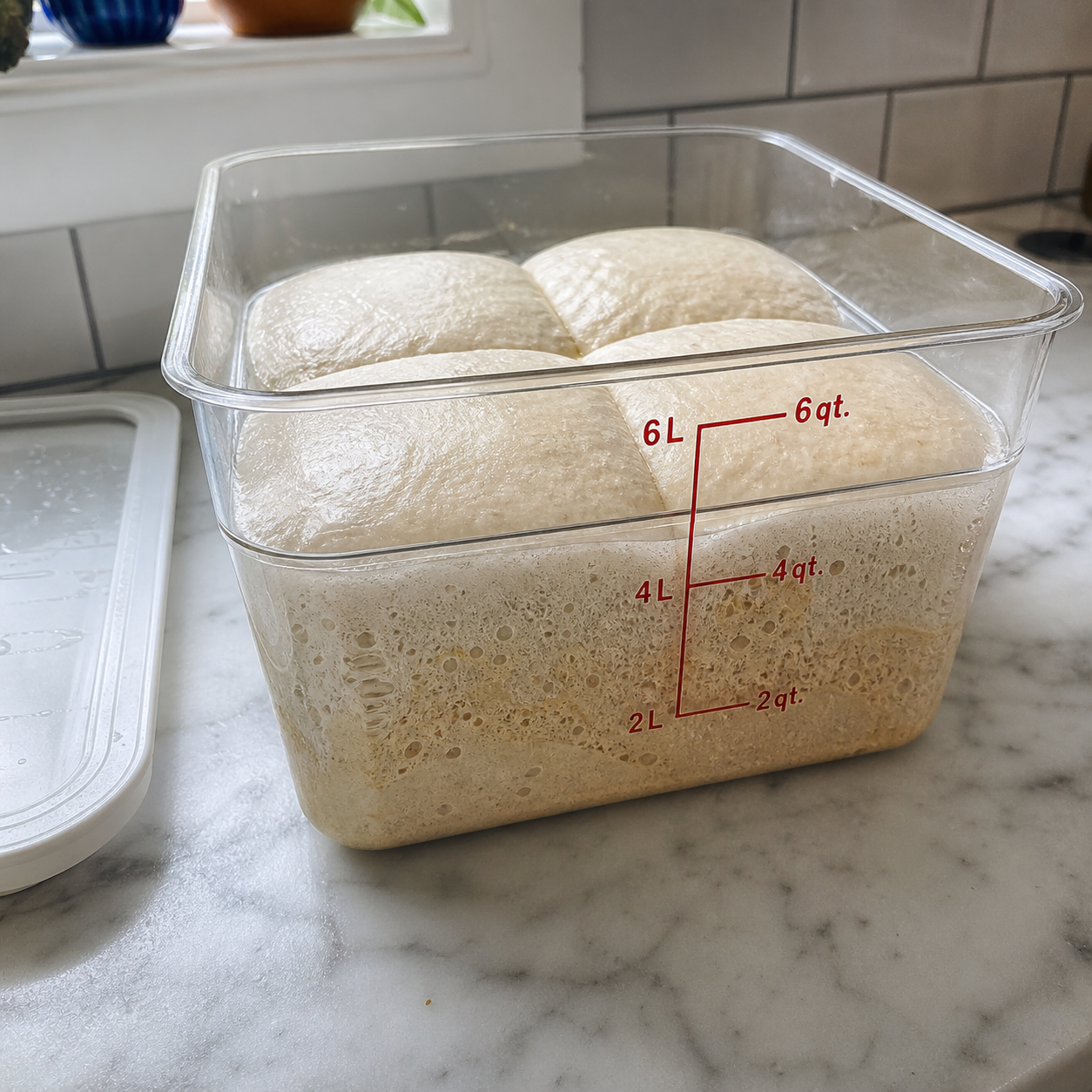 Day 3 of cold ferment, bubbles for days. Yeasty smell when I cracked the fridge — you know it's right.